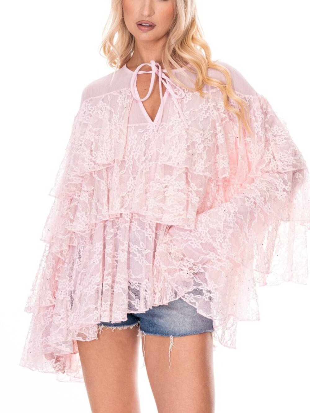 Blush Pink Lace Ruffle Top Sheer Boho Flowy Blouse Oversized Romantic Festival